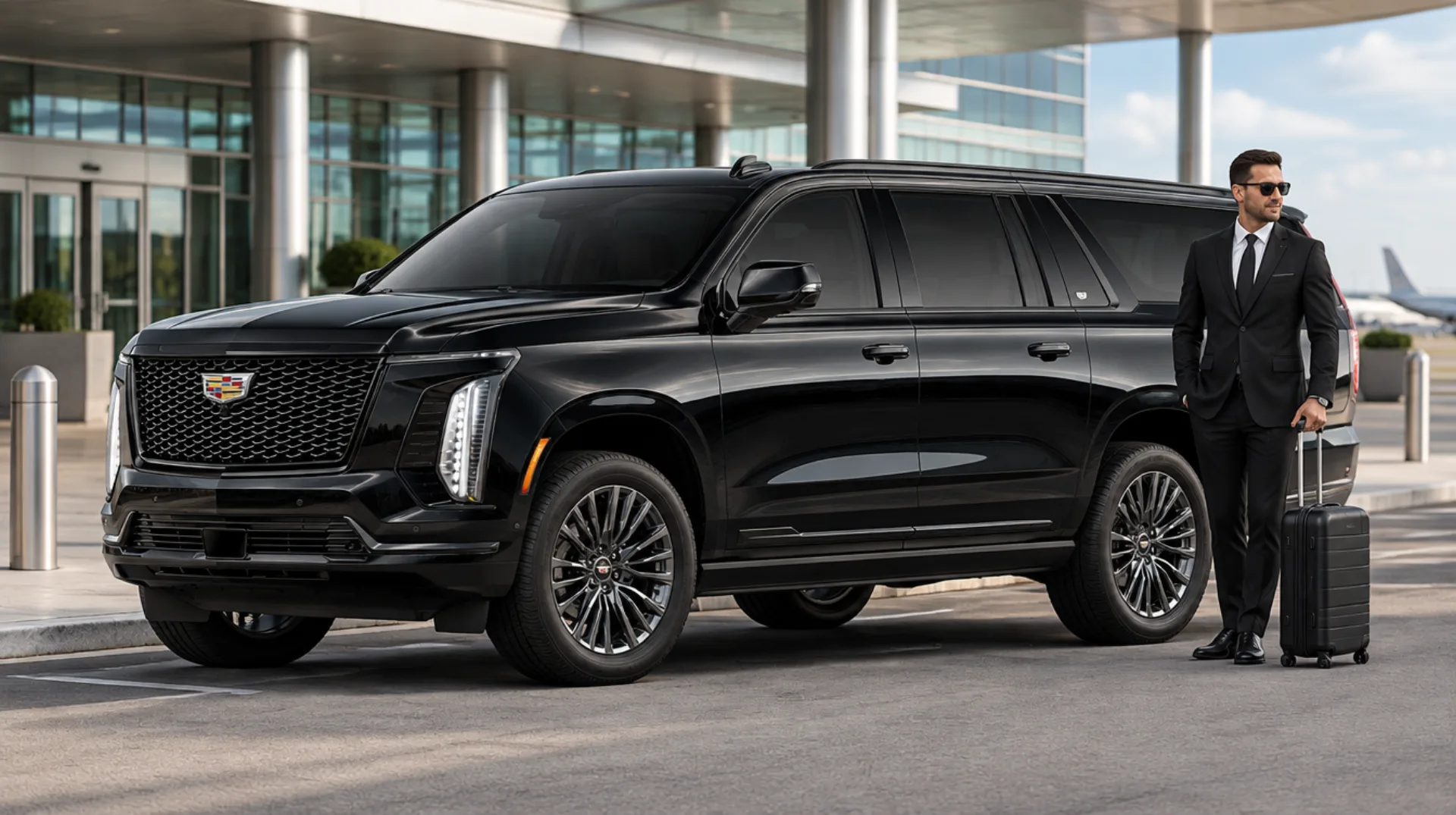 Chauffeur beside a black 2025 Cadillac Escalade ESV at an airport curb with luggage