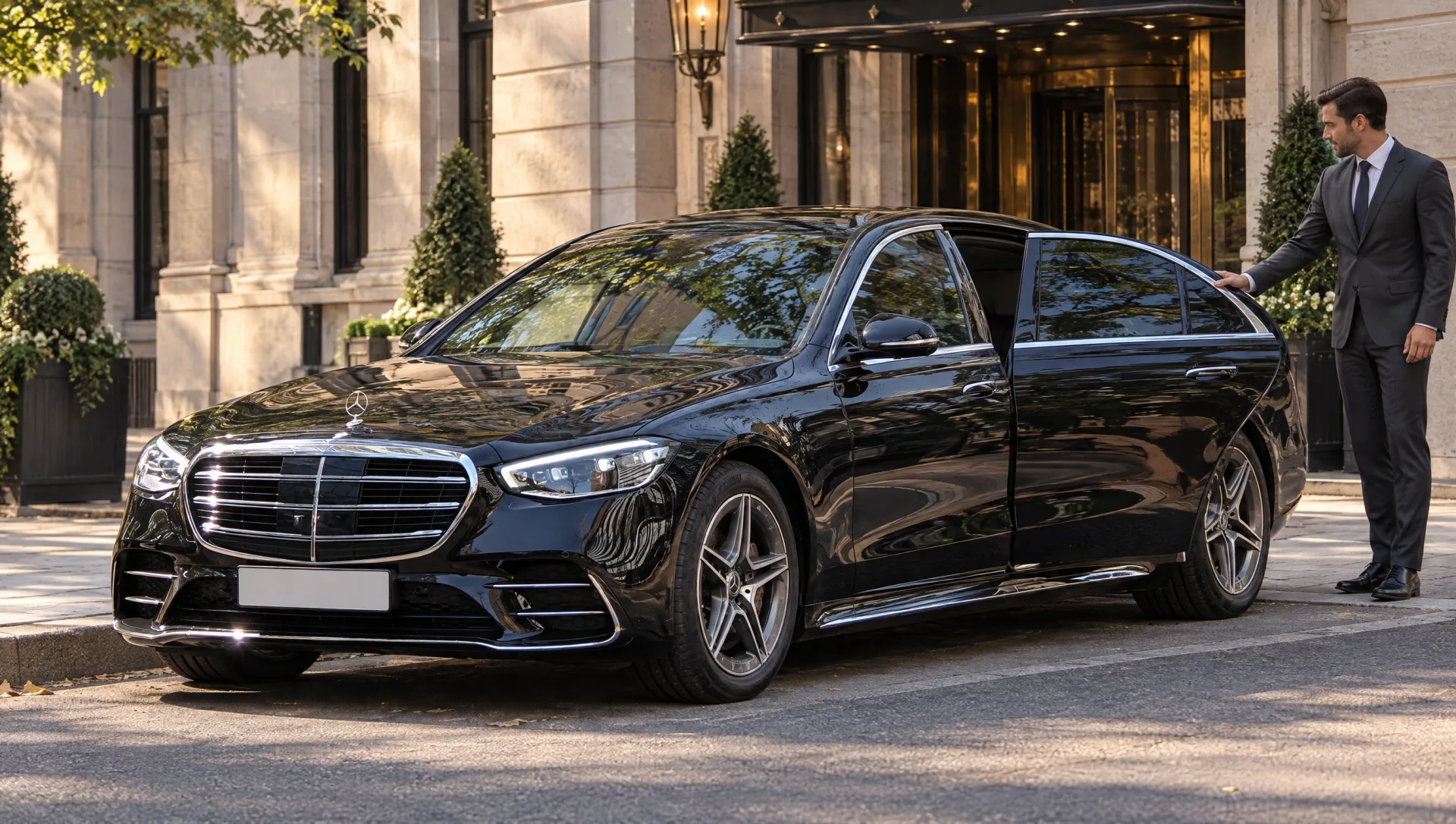 Chauffeur beside a black 2025 Mercedes-Benz S-Class at a hotel entrance