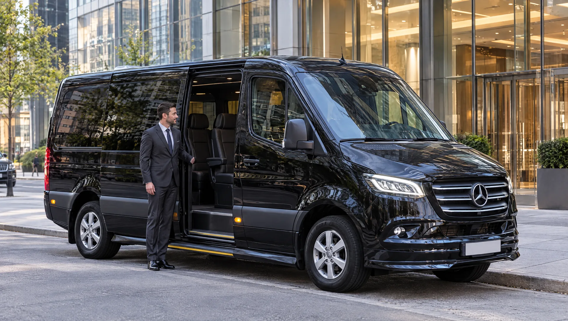 Chauffeur holding open the door of a black 2025 Mercedes-Benz Sprinter at an office lobby